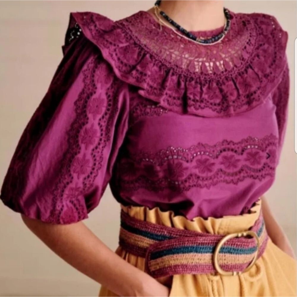 Sezane Elsa Embroidered Eyelet Blouse